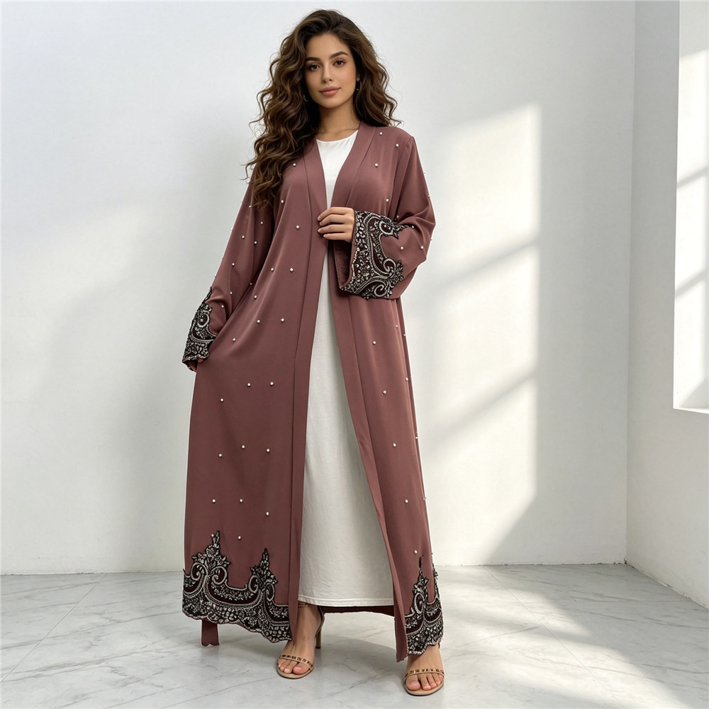 Embroidery Arabic - Abaya aperta ricamata con perline di